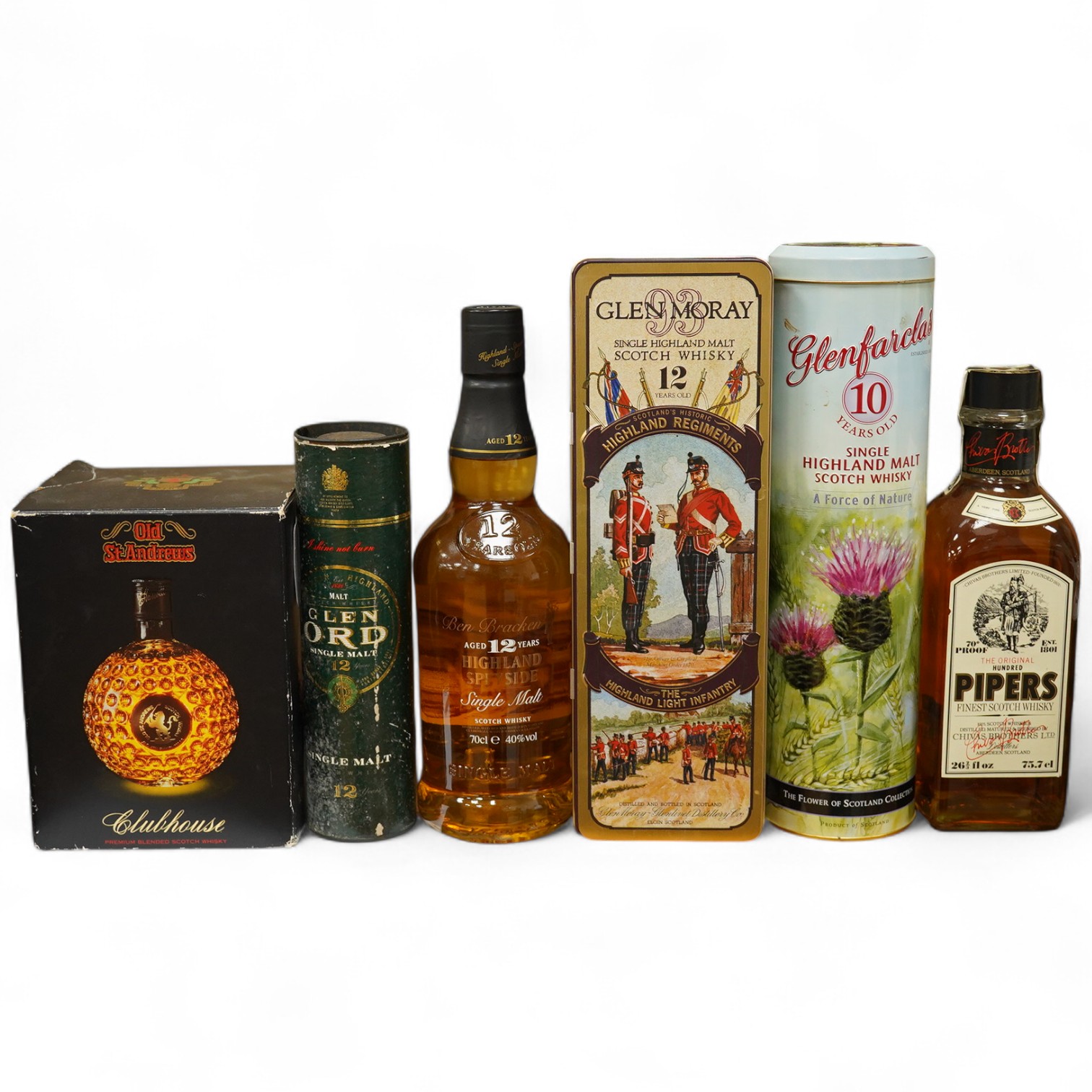 Five bottles of whisky and a half-bottle to include Highland Speyside single malt, aged 12 years and Pipers finest Scot whisky. Condition - fair